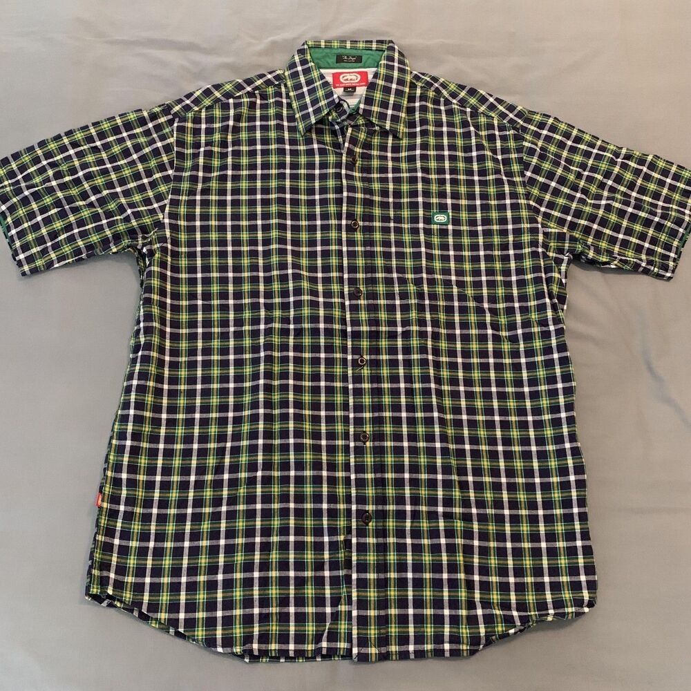 Ecko‎ Unltd Shirt Mens Medium Green Blue Plaid Button Down Woven Cotton Casual